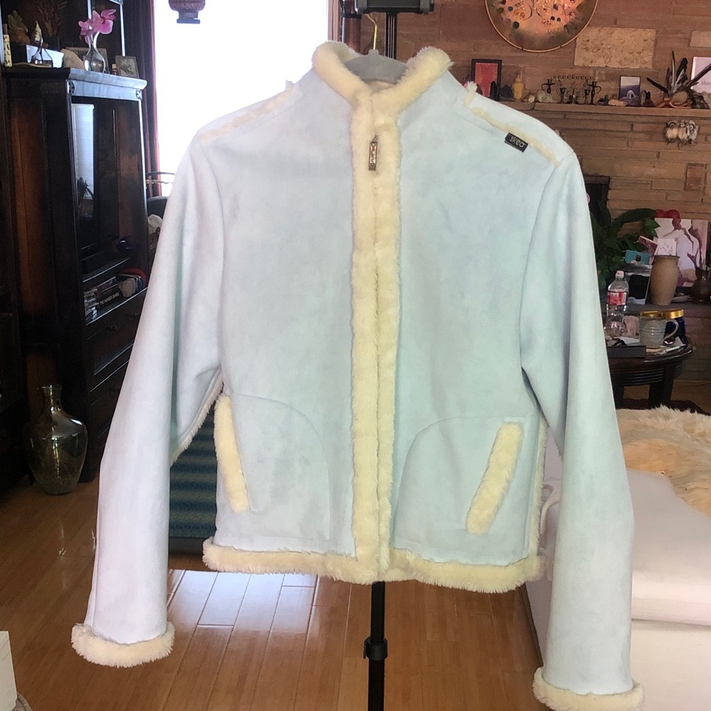 SKEA Vintage Light Blue Faux Suede Jacket with Cream Shearling Trim